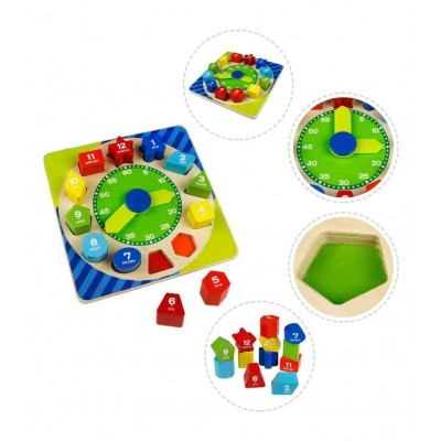 Webby Wooden Early Educational Teaching Clock-Time & Shapes Sorting Toy for Kids, 12 Pcs