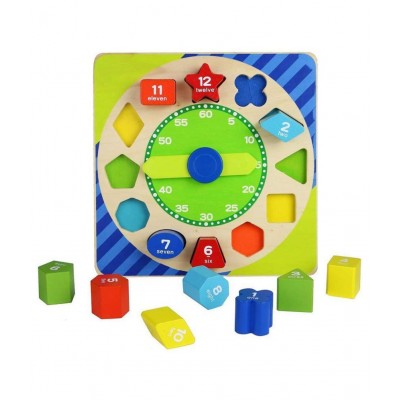 Webby Wooden Early Educational Teaching Clock-Time & Shapes Sorting Toy for Kids, 12 Pcs