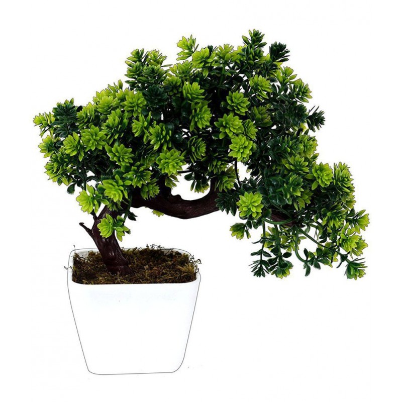 YUTIRITI Bonsai Plant Tree Green Leaves With Pot Green Artificial Tree Plastic - Pack of 1