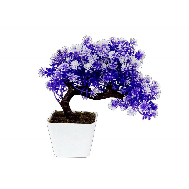 YUTIRITI Bonsai Tree White Flowers Purple Artificial Plants Bunch Plastic - Pack of 1