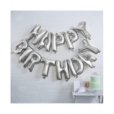 YUTIRITI Silver Happy Birthday Foil Balloon Banner 13 Alphabets Silver Color for Birthday Decoration