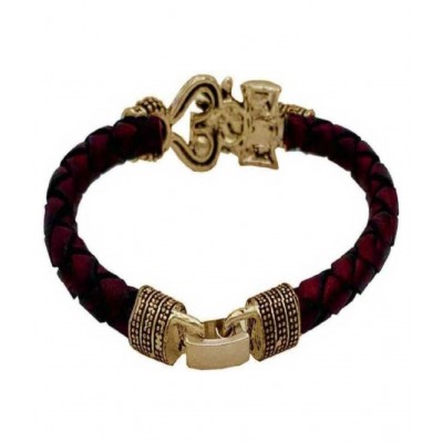 db enbloc One Sided Lion Head Trishul Damru Gold Plated Mahakal Shiva Genuine Leather Brown Dyed Rope Wrist Band/Belt Bahubali Kada Bracelet Cum Rakhi for Men/Women for Men & Women