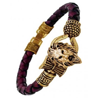 db enbloc One Sided Lion Head Trishul Damru Gold Plated Mahakal Shiva Genuine Leather Brown Dyed Rope Wrist Band/Belt Bahubali Kada Bracelet Cum Rakhi for Men/Women for Men & Women