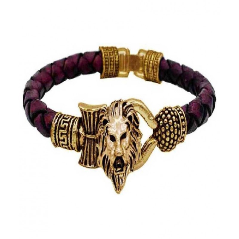 db enbloc One Sided Lion Head Trishul Damru Gold Plated Mahakal Shiva Genuine Leather Brown Dyed Rope Wrist Band/Belt Bahubali Kada Bracelet Cum Rakhi for Men/Women for Men & Women