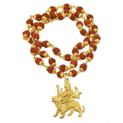 db enbloc Religious Jewelry Jai Durga Maa Sheravali Locket with 5 mukhi rudraksha mala chain Gold-plated Plated Brass, Wood Chain