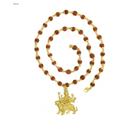 db enbloc Religious Jewelry Jai Durga Maa Sheravali Locket with 5 mukhi rudraksha mala chain Gold-plated Plated Brass, Wood Chain