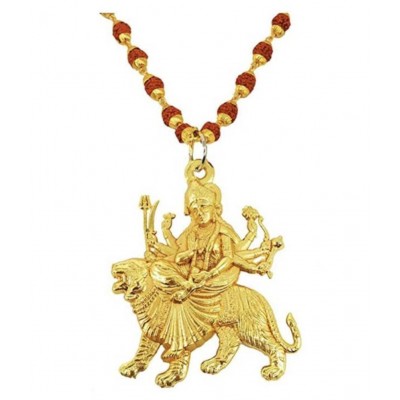 db enbloc Religious Jewelry Jai Durga Maa Sheravali Locket with 5 mukhi rudraksha mala chain Gold-plated Plated Brass, Wood Chain