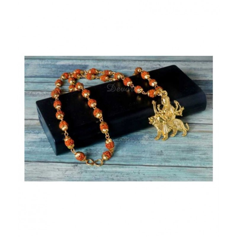 db enbloc Religious Jewelry Jai Durga Maa Sheravali Locket with 5 mukhi rudraksha mala chain Gold-plated Plated Brass, Wood Chain