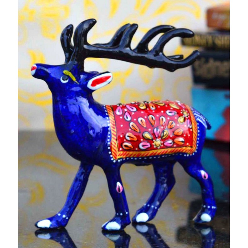 eCraftIndia Blue And Red Metal Meenakari Deer Figurine