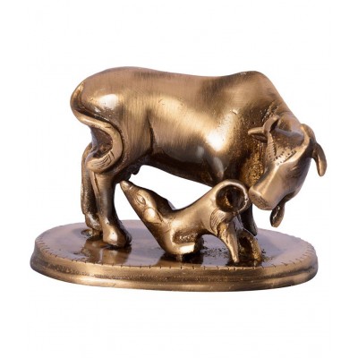eCraftIndia Brown Brass Kamdhenu Cow & Calf Showpiece