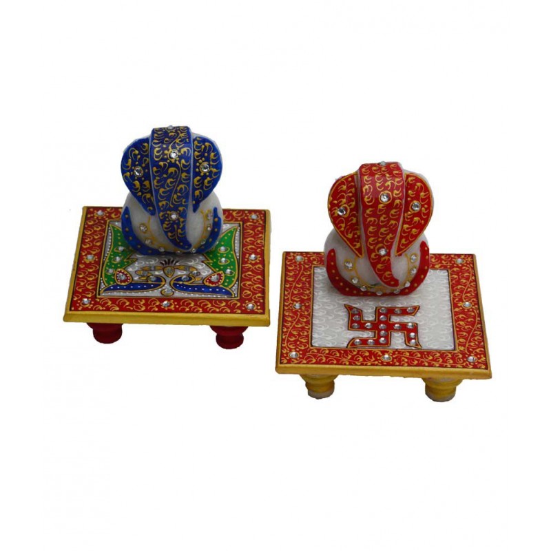 eCraftIndia Combo of Lord Ganesha Marble Chowkis with Peocock and Swastik