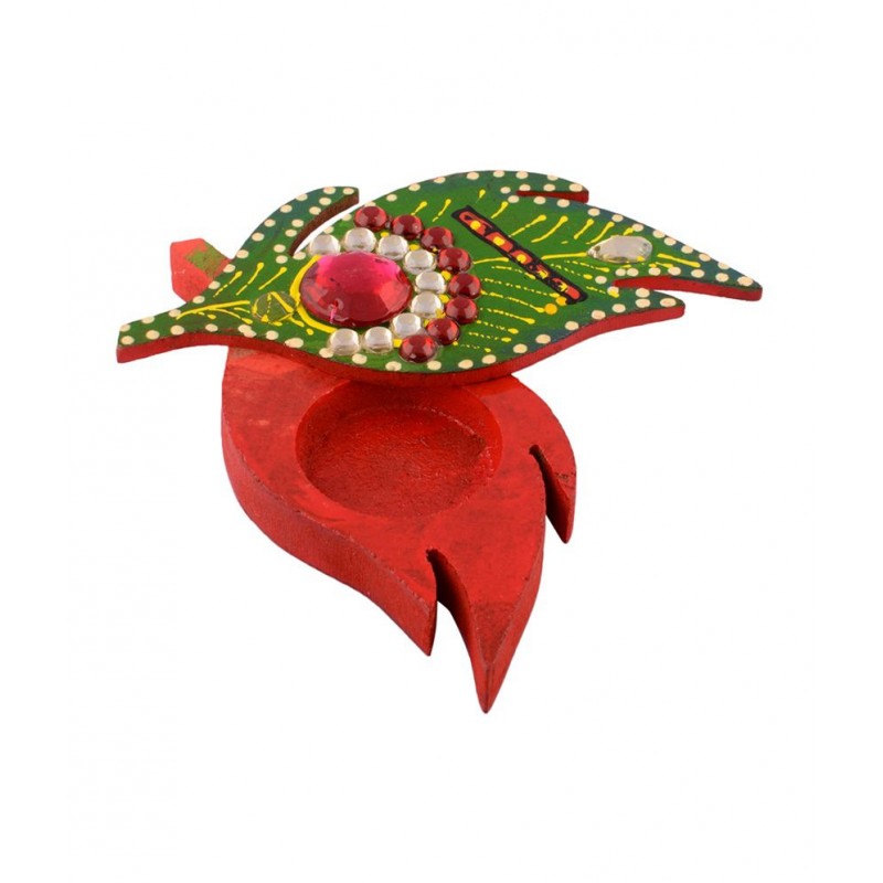 eCraftIndia Green & Red Leaf Design Wooden Chopra