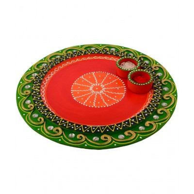eCraftIndia Green & Red Wooden Papier Mache Embossed Round Pooja Thali