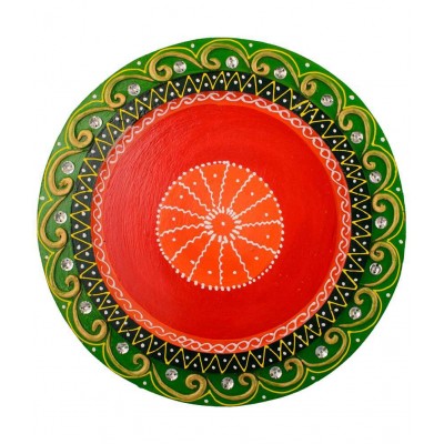 eCraftIndia Green & Red Wooden Papier Mache Embossed Round Pooja Thali