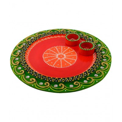 eCraftIndia Green & Red Wooden Papier Mache Embossed Round Pooja Thali
