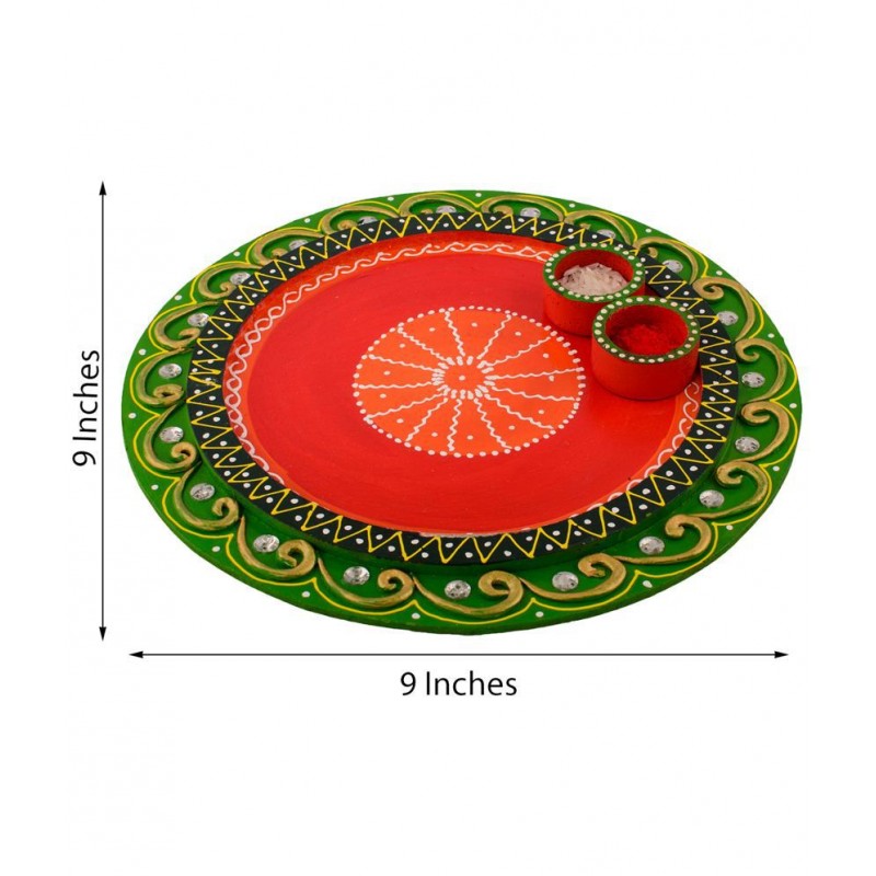 eCraftIndia Green & Red Wooden Papier Mache Embossed Round Pooja Thali