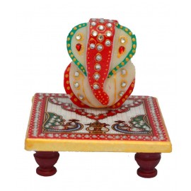 eCraftIndia Multicolour Makrana Marble Lord Ganesha Chowki With Peacock And Kalash