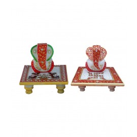 eCraftIndia Multicolour Makrana Marble Set Of Lord Ganesha Marble Chowkis (2 Piece)