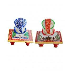 eCraftIndia Multicolour Makrana Marble Set Of Lord Ganesha Marble Chowkis (2 Piece)