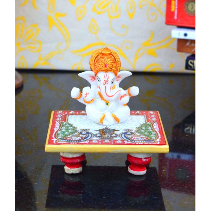 eCraftIndia Multicolour Marble And Polyresin Lord Ganesha With Crown On Chowki (2 Piece)