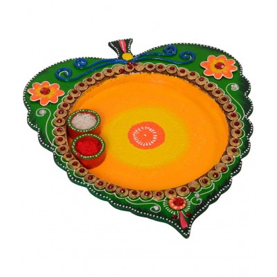 eCraftIndia Multicoloured Wooden Papier Mache Leaf Pooja Thali
