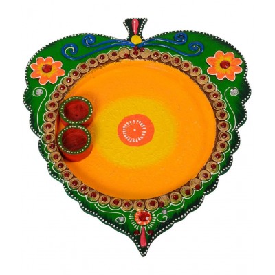 eCraftIndia Multicoloured Wooden Papier Mache Leaf Pooja Thali