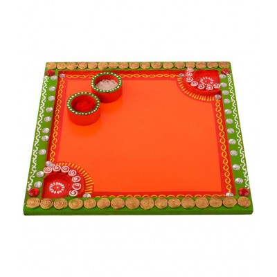 eCraftIndia Orange & Green Wooden Papier Mache Embossed Square Pooja Thali