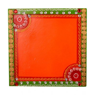 eCraftIndia Orange & Green Wooden Papier Mache Embossed Square Pooja Thali