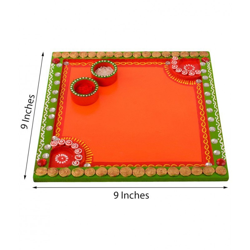 eCraftIndia Orange & Green Wooden Papier Mache Embossed Square Pooja Thali