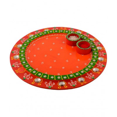 eCraftIndia Orange & Green Wooden Papier Mache Round Pooja Thali