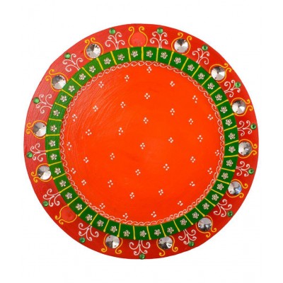 eCraftIndia Orange & Green Wooden Papier Mache Round Pooja Thali