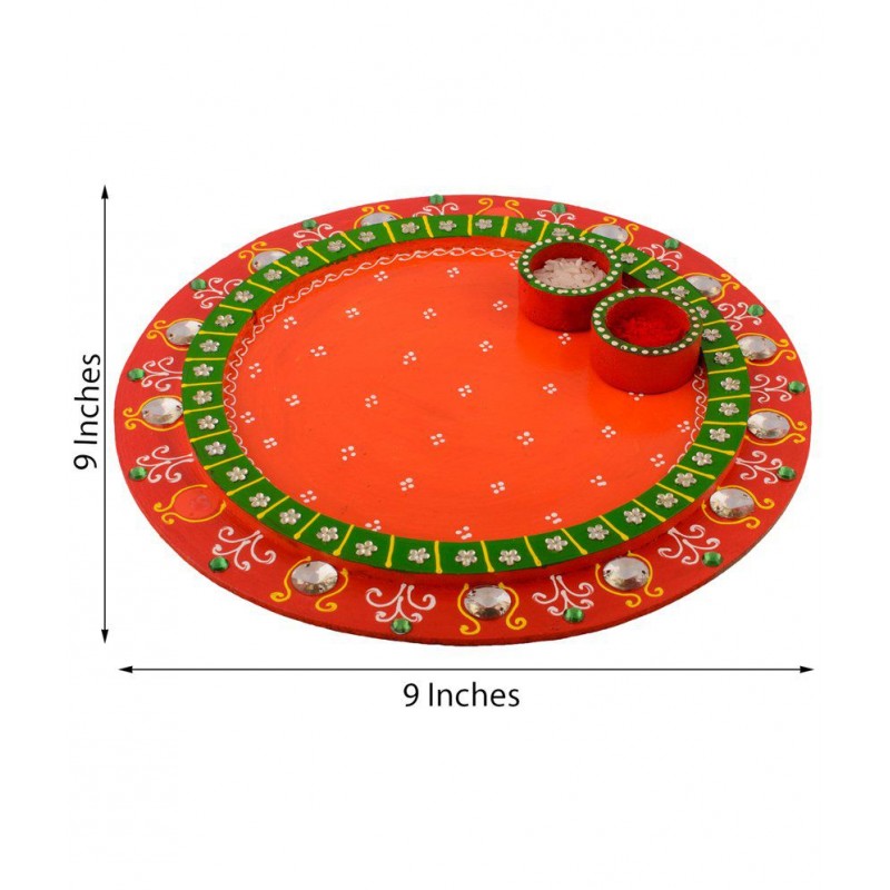 eCraftIndia Orange & Green Wooden Papier Mache Round Pooja Thali