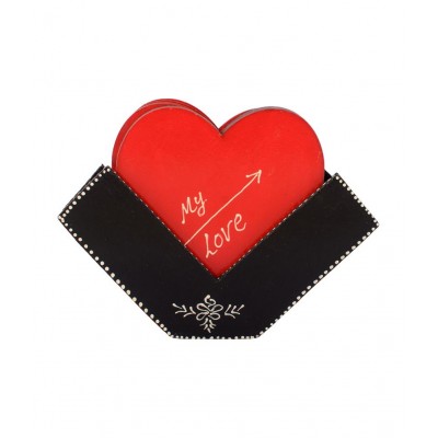 eCraftIndia Red & Black Heart Shape Wooden Tea Coaster (Set of 6)