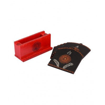 eCraftIndia Red & Black Wooden Tea Coaster (Set of 6)