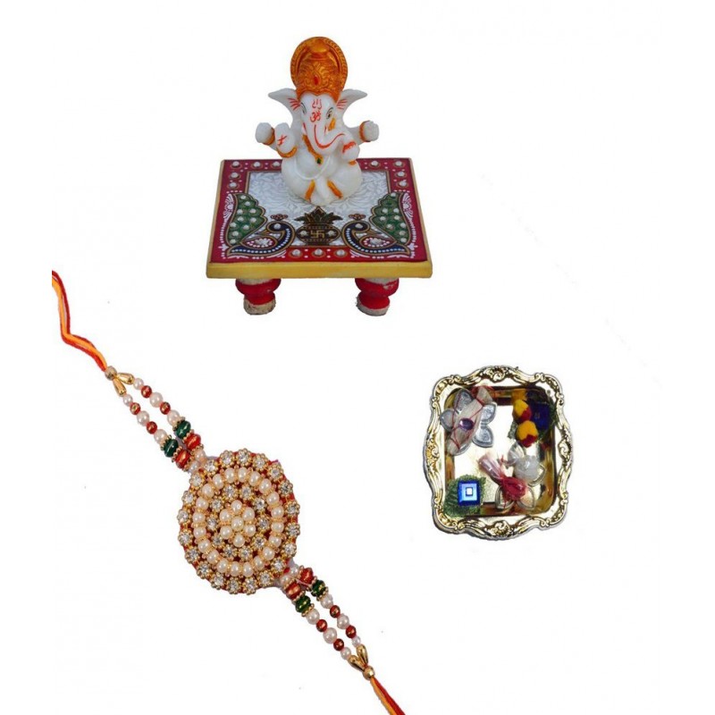 eCraftIndia Single Designer Rakhi with Lord Ganesha Marble Chowki & Pooja Plate