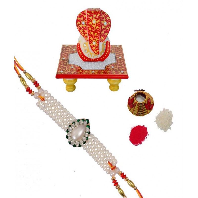 eCraftIndia Single Designer Rakhi with Lord Ganesha Marble Chowki & Roli Tikka Matki