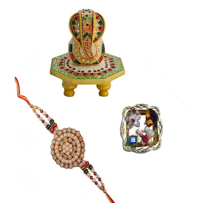 eCraftIndia Single Designer Rakhi with Lord Ganesha Round Marble Chowki & Pooja Plate