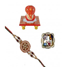 eCraftIndia Single Designer Rakhi with Lord Ganesha on Red Marble Chowki & Pooja Plate