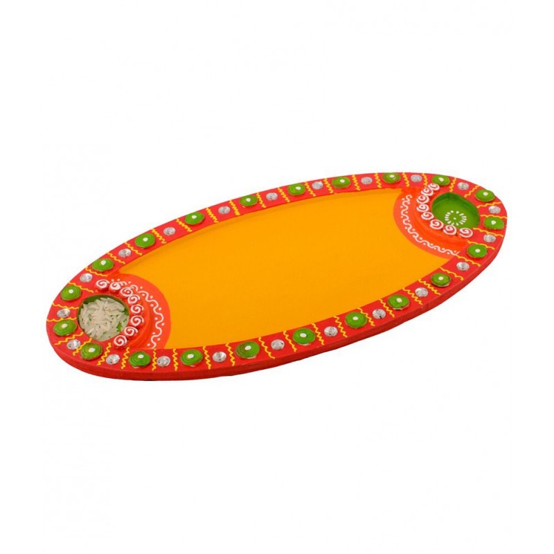 eCraftIndia Yellow Wooden Papier Mache Embossed Pooja Thali