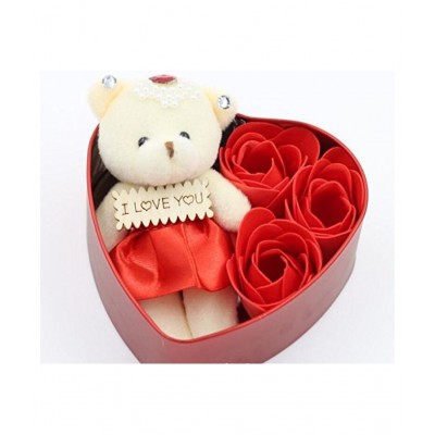 house of fun Valentine Day Teddy Bear Heart Shape Box with Rose Love Couple Gift For Boy|Girl|Girlfriend|Boyfriend Lover Birthday|Anniversary Teddy Figurine Decorative Decorative Showpiece - 11 cm  (Silver Plated, Multicolor)