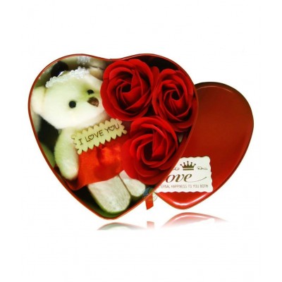 house of fun Valentine Day Teddy Bear Heart Shape Box with Rose Love Couple Gift For Boy|Girl|Girlfriend|Boyfriend Lover Birthday|Anniversary Teddy Figurine Decorative Decorative Showpiece - 11 cm  (Silver Plated, Multicolor)