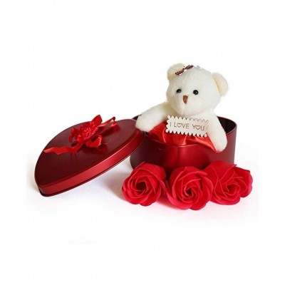 house of fun Valentine Day Teddy Bear Heart Shape Box with Rose Love Couple Gift For Boy|Girl|Girlfriend|Boyfriend Lover Birthday|Anniversary Teddy Figurine Decorative Decorative Showpiece - 11 cm  (Silver Plated, Multicolor)
