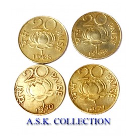 old rare 4 coins set lotus 20 paise coins 1968-1971