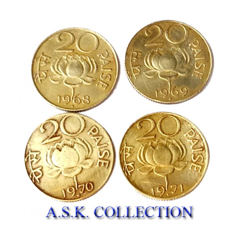 old rare 4 coins set lotus 20 paise coins 1968-1971