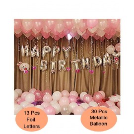"Happy Birthday Foil Balloon (13 Letters Foil Balloons)" + 30 Metallic Balloons Combo (10 Balloons Each of Pink, Silver & White) Beautiful Set for Birthday Decoration