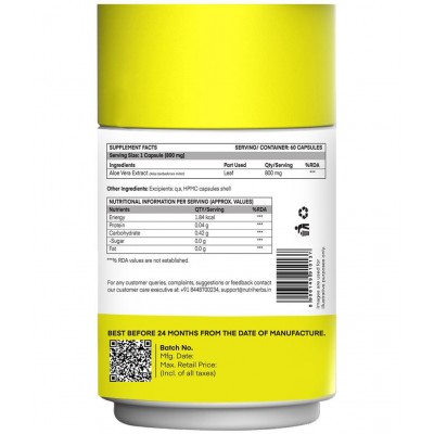 "Nutriherbs Aleovera Extract 800 mg Pure & Organic - 60 Capsule | Helps To Maintain Beautiful Skin Eases symptoms of Stress For Men & Women "