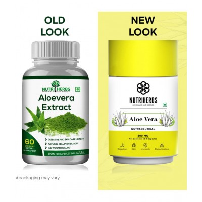 "Nutriherbs Aleovera Extract 800 mg Pure & Organic - 60 Capsule | Helps To Maintain Beautiful Skin Eases symptoms of Stress For Men & Women "