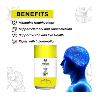 "Nutriherbs Ginkgo Biloba 500 mg Pure Brahmi Extract- 90 Vegan Capsule| For Clarity, Focus & Memory improves Blood Circulation & Brain Functionality "Nutriherbs Ginkgo Biloba 500 mg Pure Brahmi Extract- 90 Vegan Capsule| For Clarity, Focus & Memory improves Blood Circulation & Brain Functionality