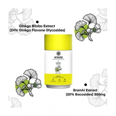 "Nutriherbs Ginkgo Biloba 500 mg Pure Brahmi Extract- 90 Vegan Capsule| For Clarity, Focus & Memory improves Blood Circulation & Brain Functionality "Nutriherbs Ginkgo Biloba 500 mg Pure Brahmi Extract- 90 Vegan Capsule| For Clarity, Focus & Memory improves Blood Circulation & Brain Functionality