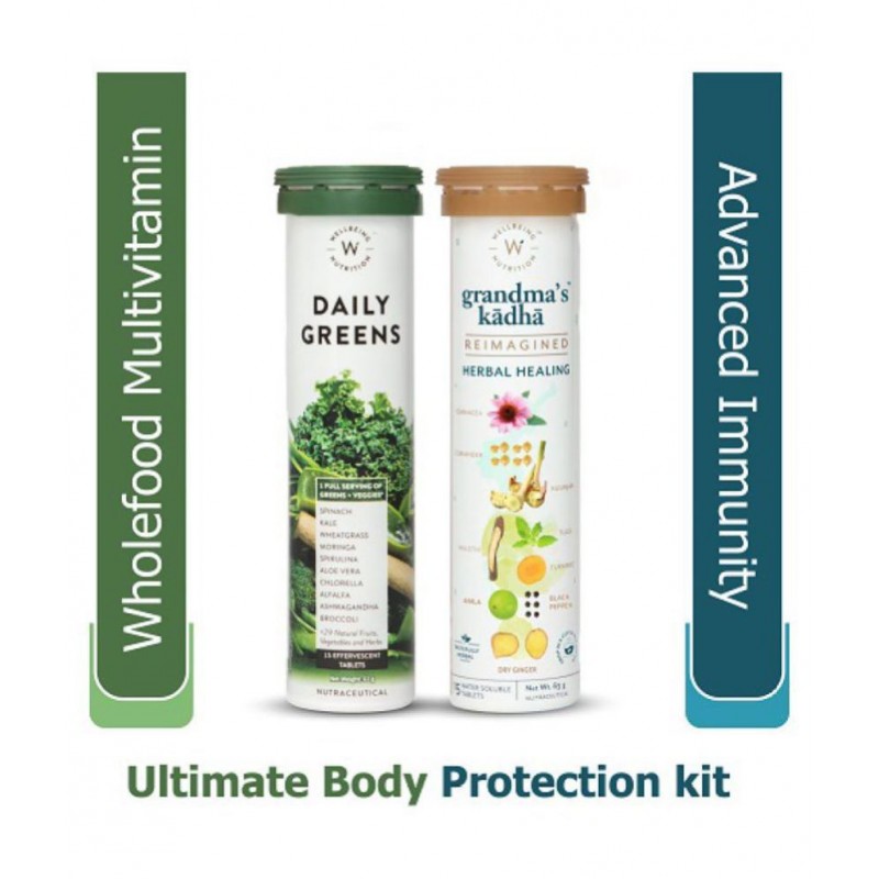 wellbeing nutrition Daily Greens,Whole food Multivitamin with Grandma's Kadha,Ayurvedic Herbal Tea for Cold, Cough, Sore Throat, Congestion | Natural Immunity Booster 63 gm Multivitamins Tablets Pack of 2